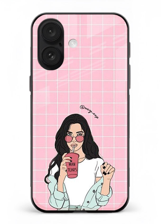 Pink Grid Girl soft aesthetic portrait iphone 16 glass back cover