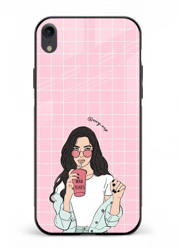 Pink Grid Girl soft aesthetic portrait iphone xr glass back cover