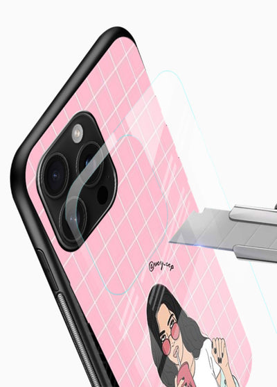 Pink Grid Girl soft aesthetic portrait glossy vibrant premium glass back cover - Angle Blade