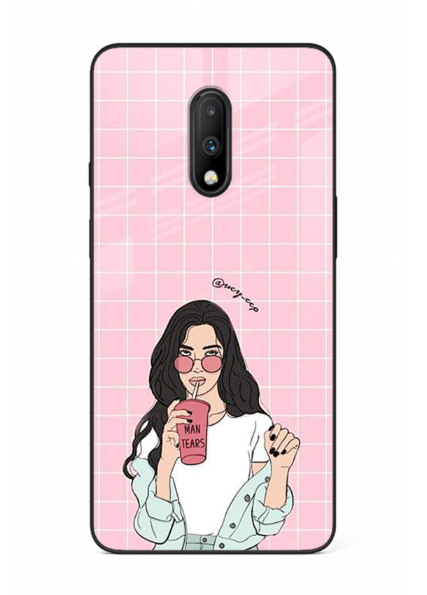 Pink Grid Girl soft aesthetic portrait OnePlus 7 glass back cover