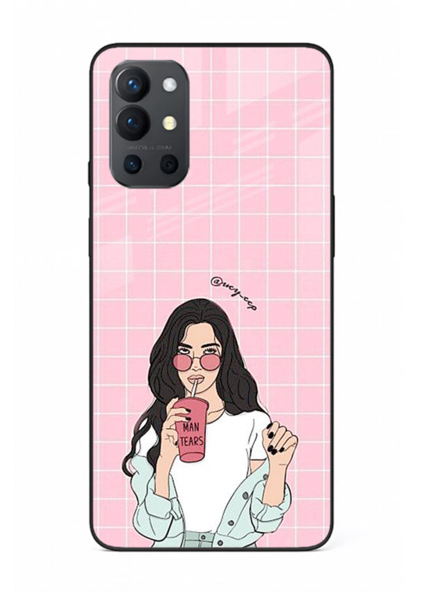 Pink Grid Girl soft aesthetic portrait OnePlus 9R glass back cover