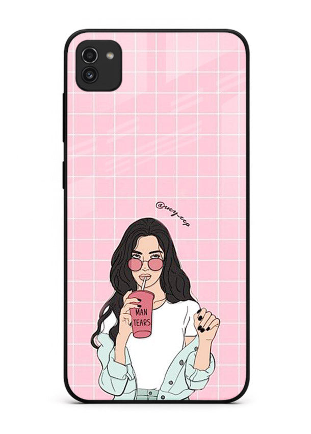 Pink Grid Girl soft aesthetic portrait Samsung A03 glass back cover