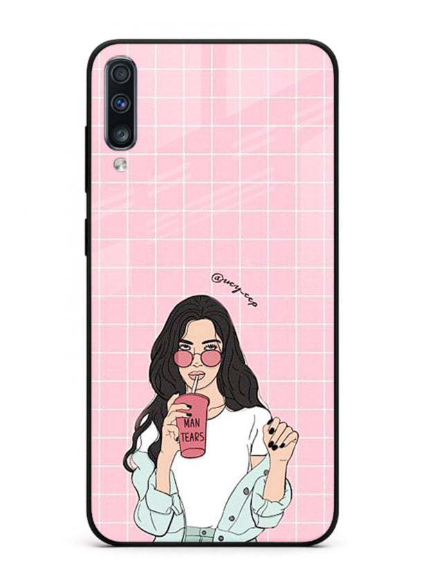 Pink Grid Girl soft aesthetic portrait Samsung A70 glass back cover