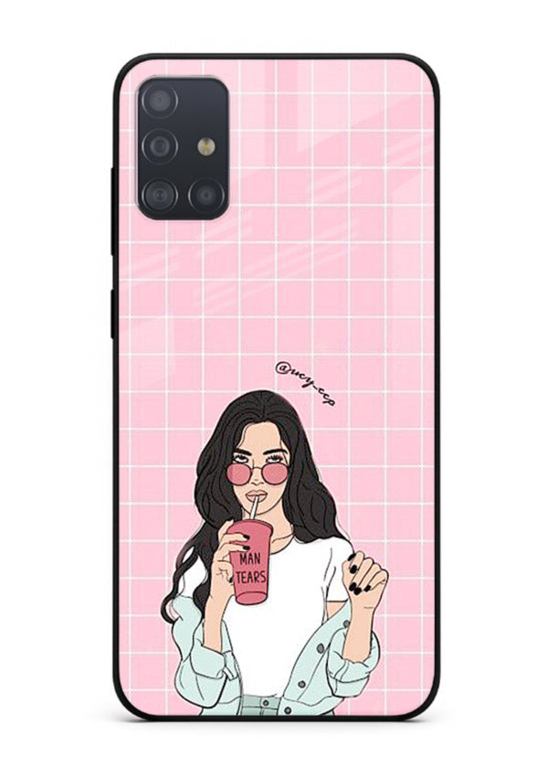 Pink Grid Girl soft aesthetic portrait Samsung A51 glass back cover