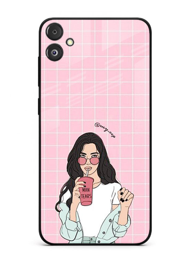 Pink Grid Girl soft aesthetic portrait Samsung F05 5G glass back cover
