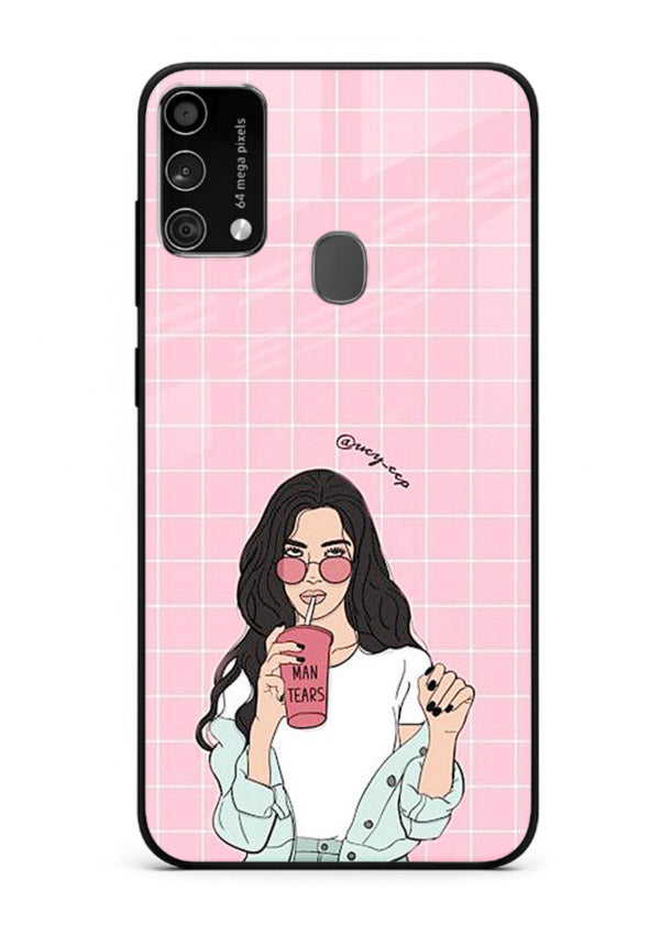 Pink Grid Girl soft aesthetic portrait Samsung F41 glass back cover