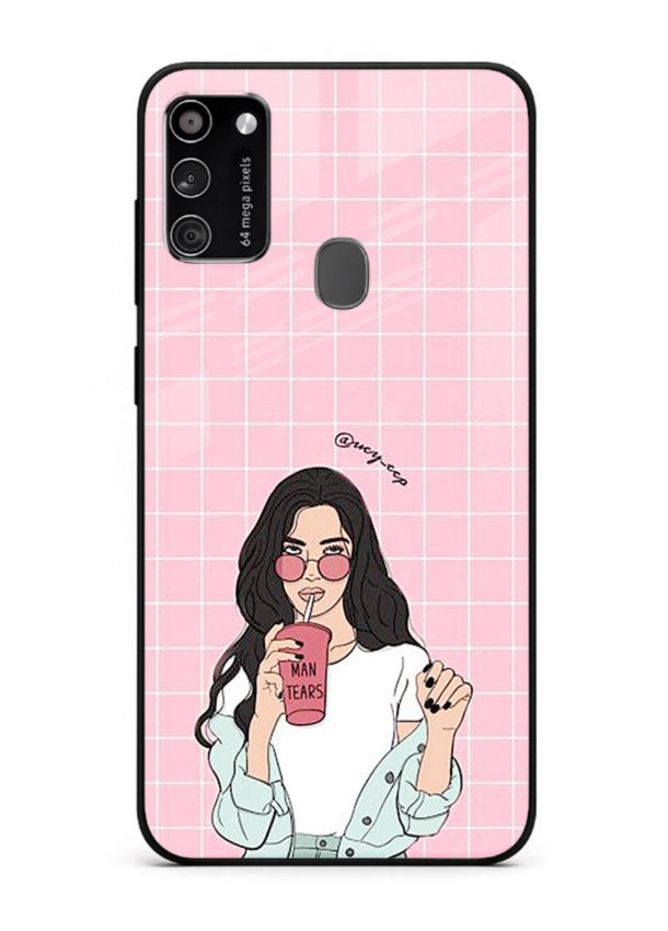 Pink Grid Girl soft aesthetic portrait Samsung M21 glass back cover