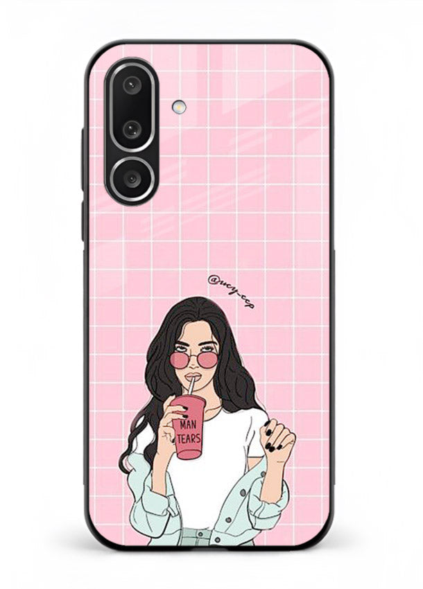 Pink Grid Girl soft aesthetic portrait Samsung F56 5G glass back cover