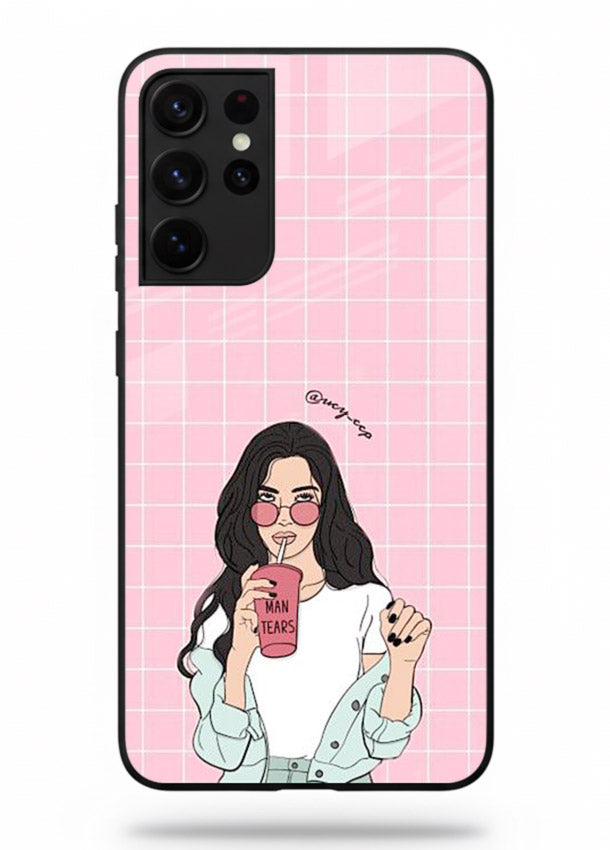 Pink Grid Girl soft aesthetic portrait Samsung S21 Ultra glass back cover