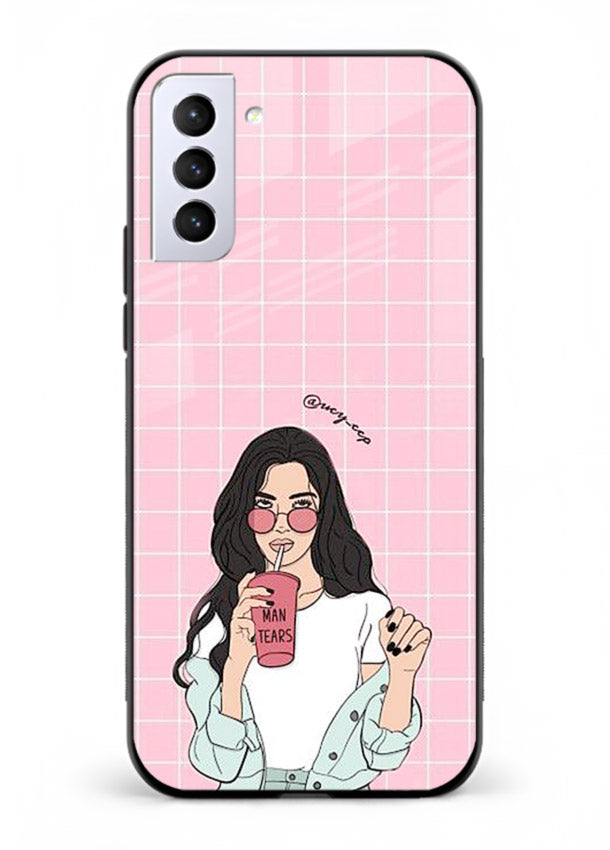 Pink Grid Girl soft aesthetic portrait Samsung S21 FE glass back cover