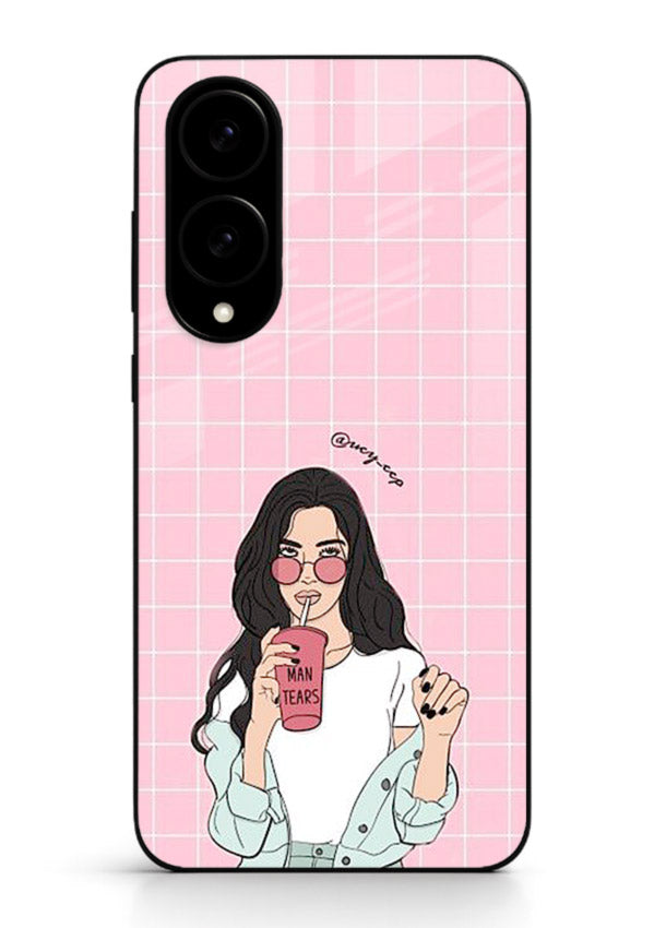 Pink Grid Girl soft aesthetic portrait Samsung S25 Edge glass back cover