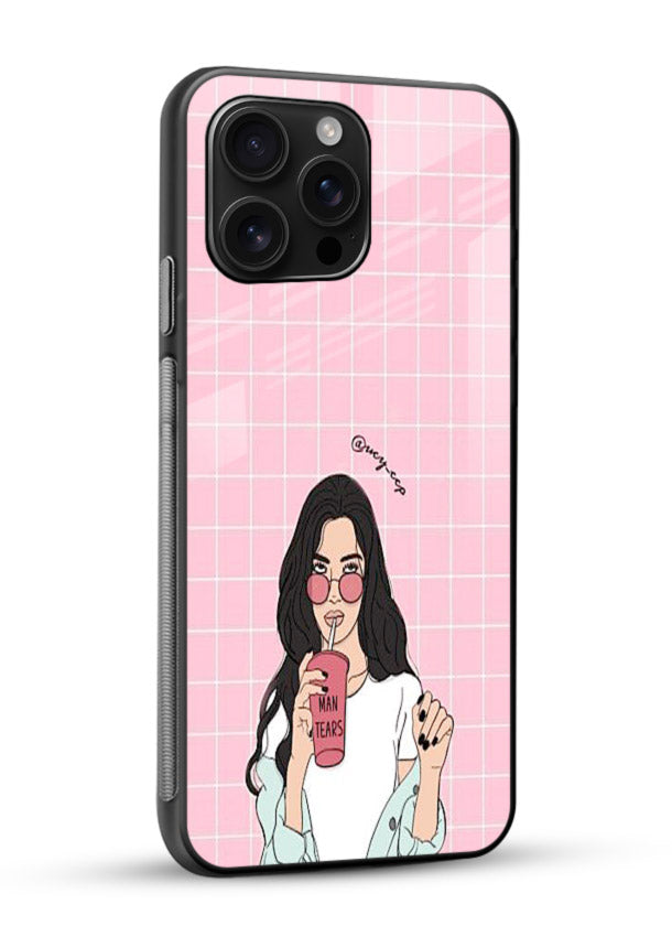 Pink Grid Girl soft aesthetic portrait glossy vibrant premium glass back cover - Angle Side