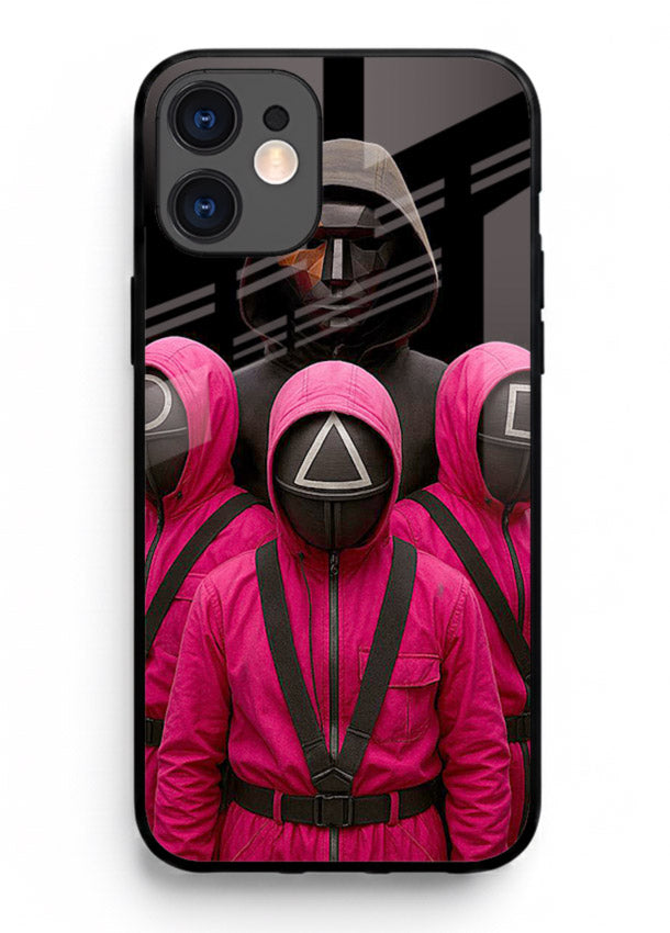 Pink masked guard artwork printed on glossy tempered glass iPhone 12 Mini back cover