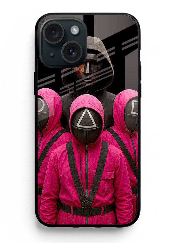 Pink masked guard artwork printed on glossy tempered glass iPhone 13 back cover