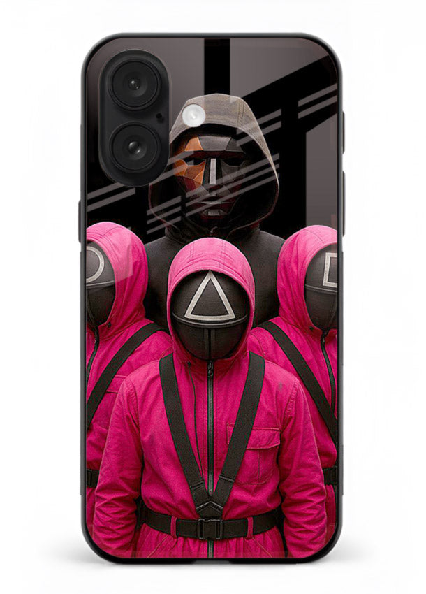 Pink masked guard artwork printed on glossy tempered glass iPhone 18 back cover