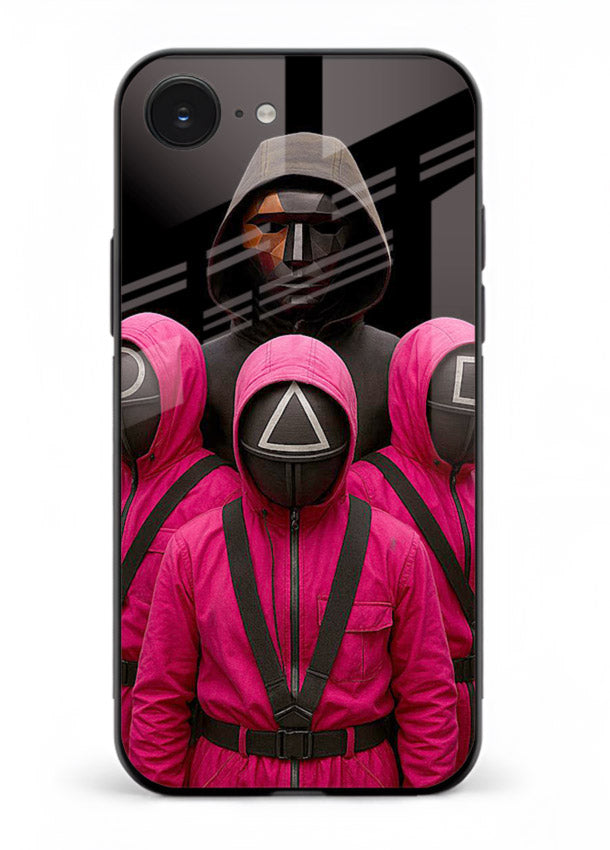 Pink masked guard artwork printed on glossy tempered glass iPhone 16E back cover