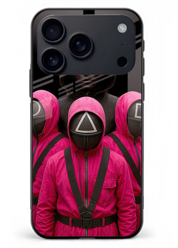 Pink masked guard artwork printed on glossy tempered glass iPhone 17 Pro Max back cover
