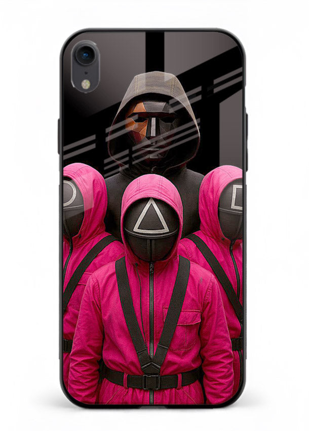 Pink masked guard artwork printed on glossy tempered glass iPhone XR back cover