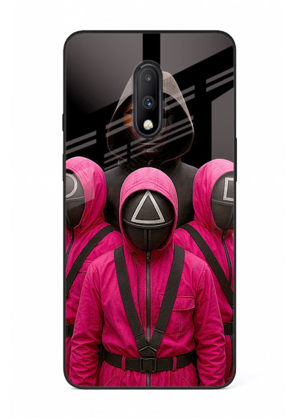 Pink masked guard artwork printed on glossy tempered glass OnePlus 7 back cover