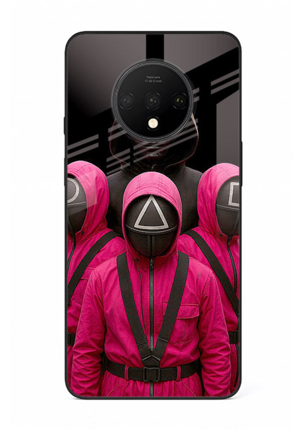 Pink masked guard artwork printed on glossy tempered glass OnePlus 7T back cover