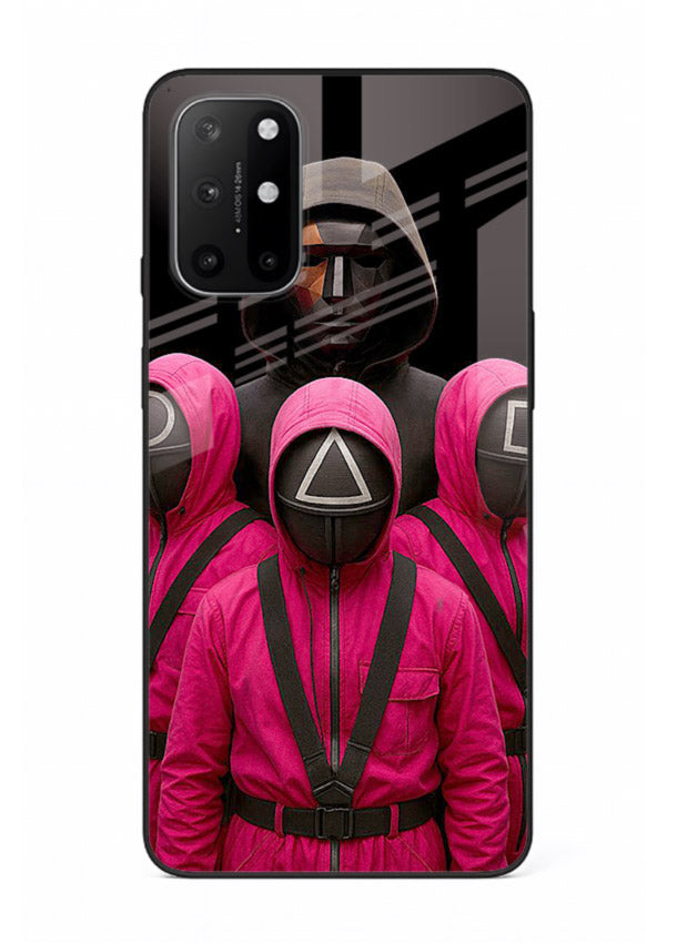 Pink masked guard artwork printed on glossy tempered glass OnePlus 8T back cover