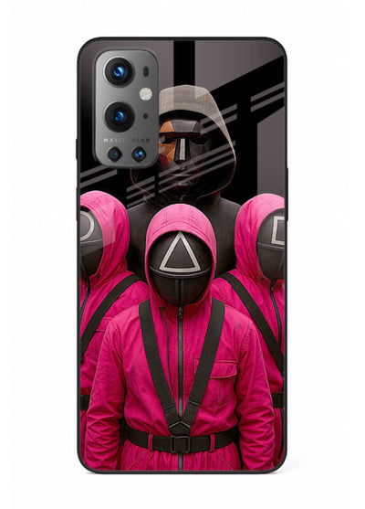 Pink masked guard artwork printed on glossy tempered glass OnePlus 9 back cover