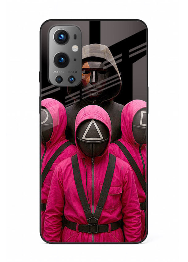 Pink masked guard artwork printed on glossy tempered glass OnePlus 9 back cover
