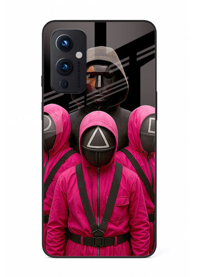 Pink masked guard artwork printed on glossy tempered glass OnePlus 9 Pro back cover