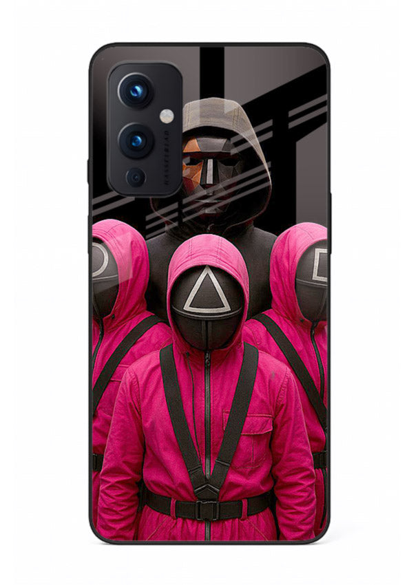 Pink masked guard artwork printed on glossy tempered glass OnePlus 9 Pro back cover
