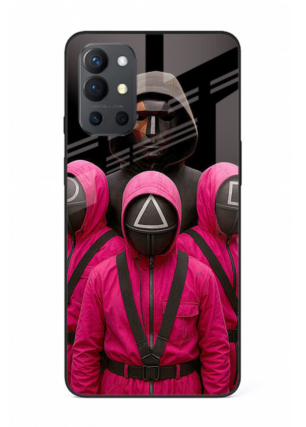 Pink masked guard artwork printed on glossy tempered glass OnePlus 9R back cover