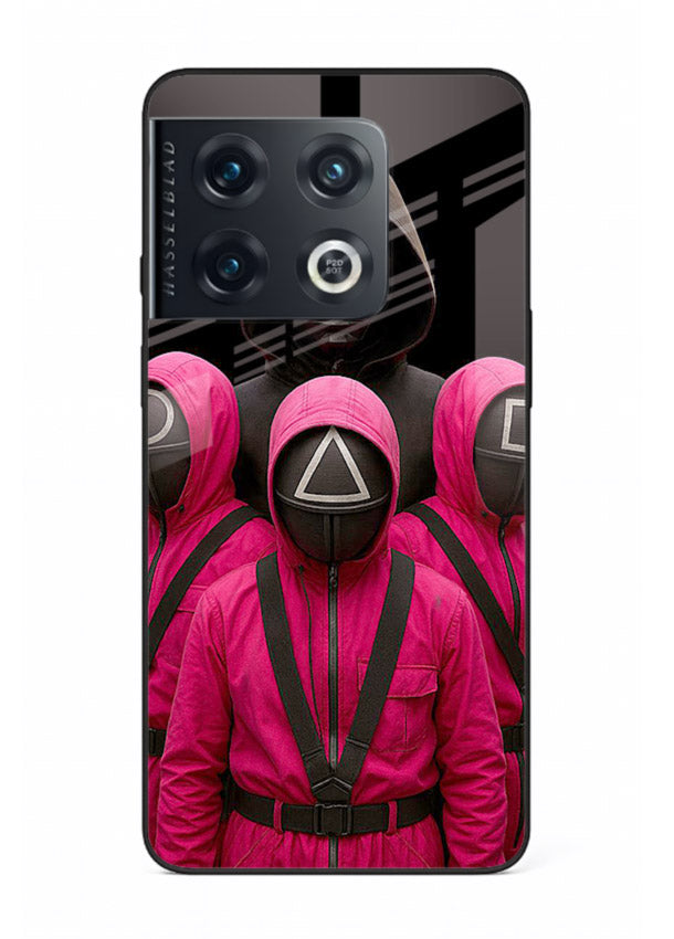 Pink masked guard artwork printed on glossy tempered glass OnePlus 10 Pro back cover