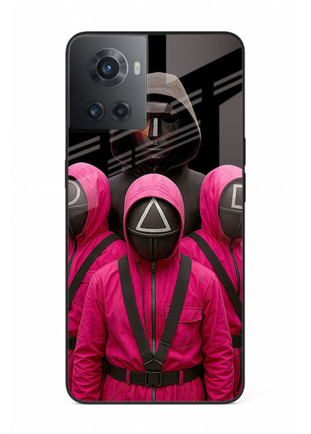 Pink masked guard artwork printed on glossy tempered glass OnePlus 10R back cover