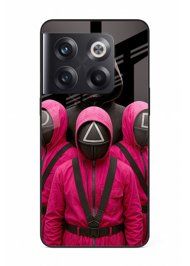 Pink masked guard artwork printed on glossy tempered glass OnePlus 10T back cover