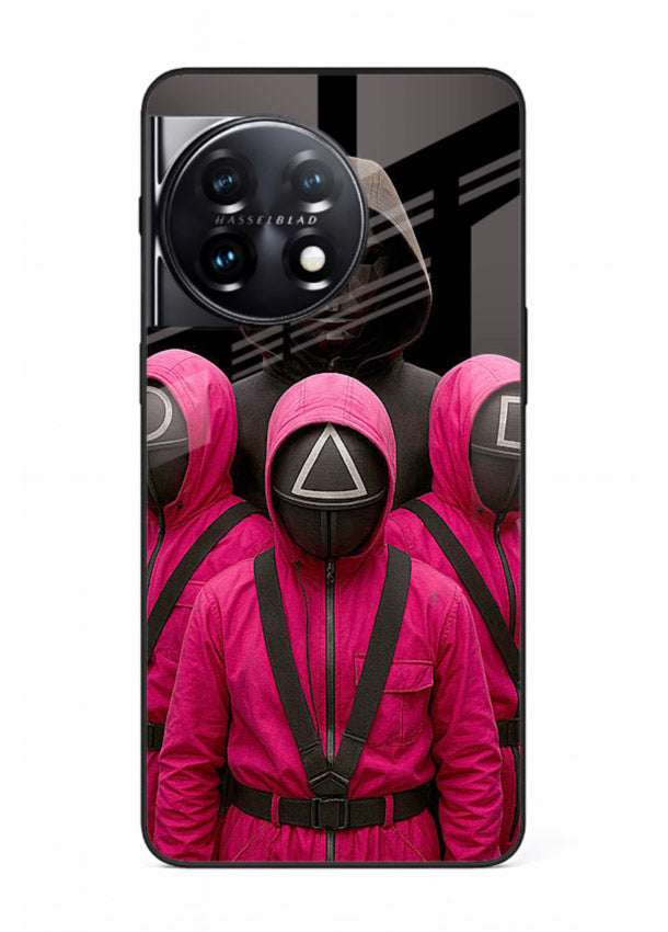 Pink masked guard artwork printed on glossy tempered glass OnePlus 11 back cover