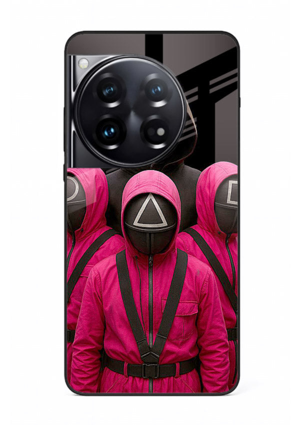Pink masked guard artwork printed on glossy tempered glass OnePlus 12 back cover