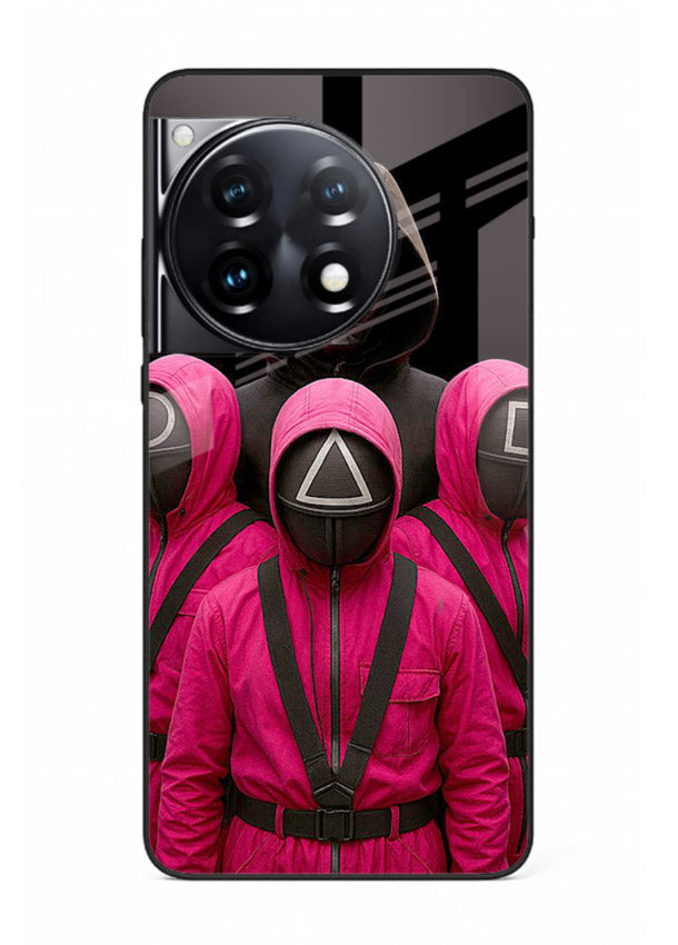 Pink masked guard artwork printed on glossy tempered glass OnePlus 12R back cover
