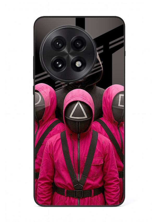 Pink masked guard artwork printed on glossy tempered glass OnePlus 13 back cover