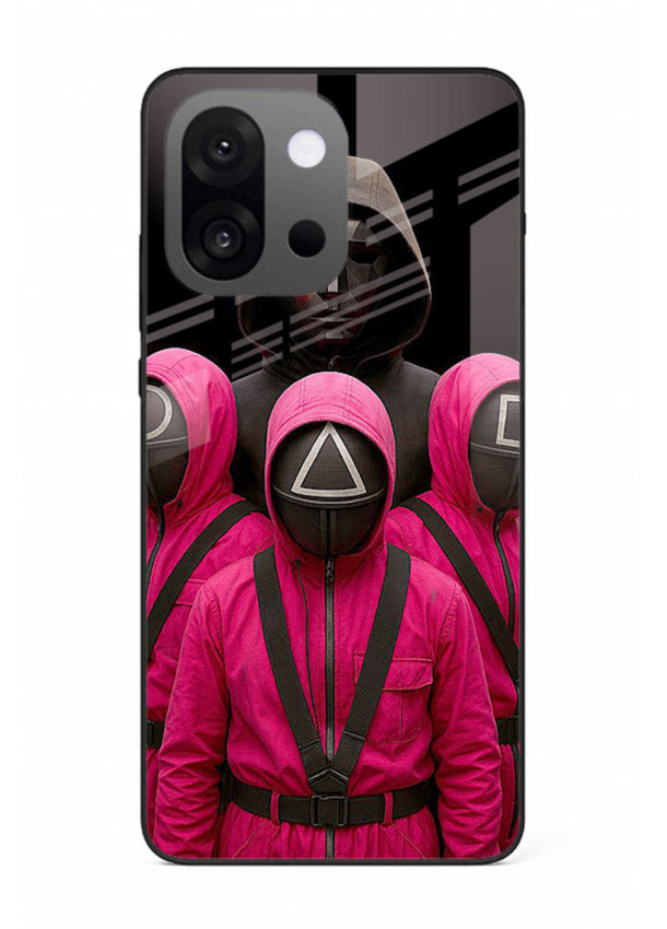 Pink masked guard artwork printed on glossy tempered glass OnePlus 13s back cover