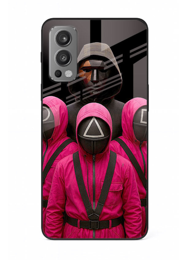 Pink masked guard artwork printed on glossy tempered glass OnePlus Nord 2 back cover