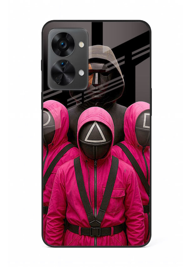 Pink masked guard artwork printed on glossy tempered glass OnePlus Nord 2T back cover