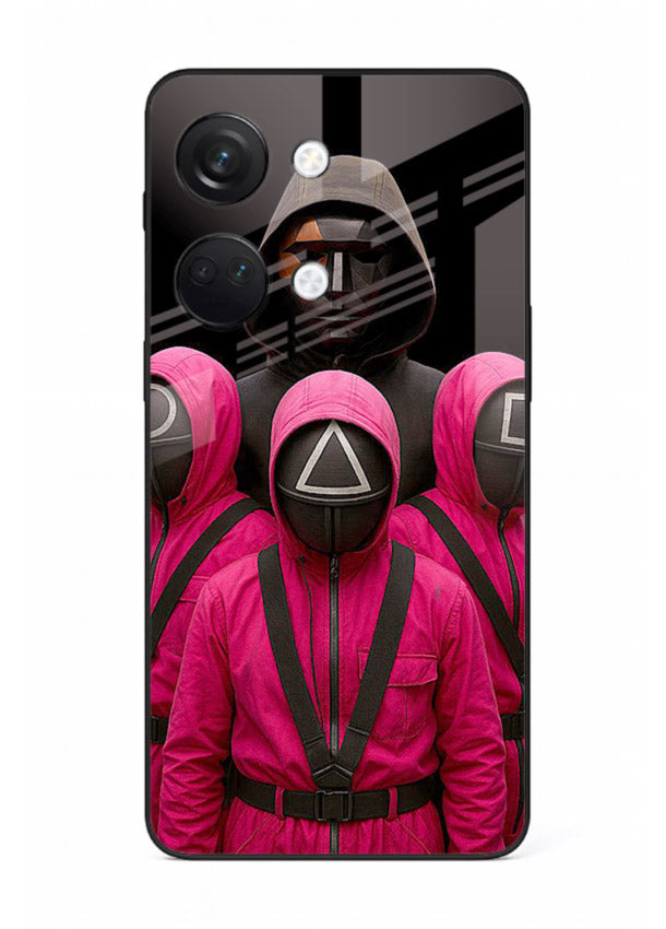 Pink masked guard artwork printed on glossy tempered glass OnePlus Nord 3 back cover