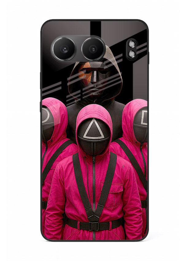 Pink masked guard artwork printed on glossy tempered glass OnePlus Nord 4 back cover