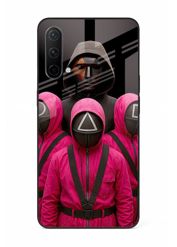 Pink masked guard artwork printed on glossy tempered glass OnePlus Nord CE 5G back cover