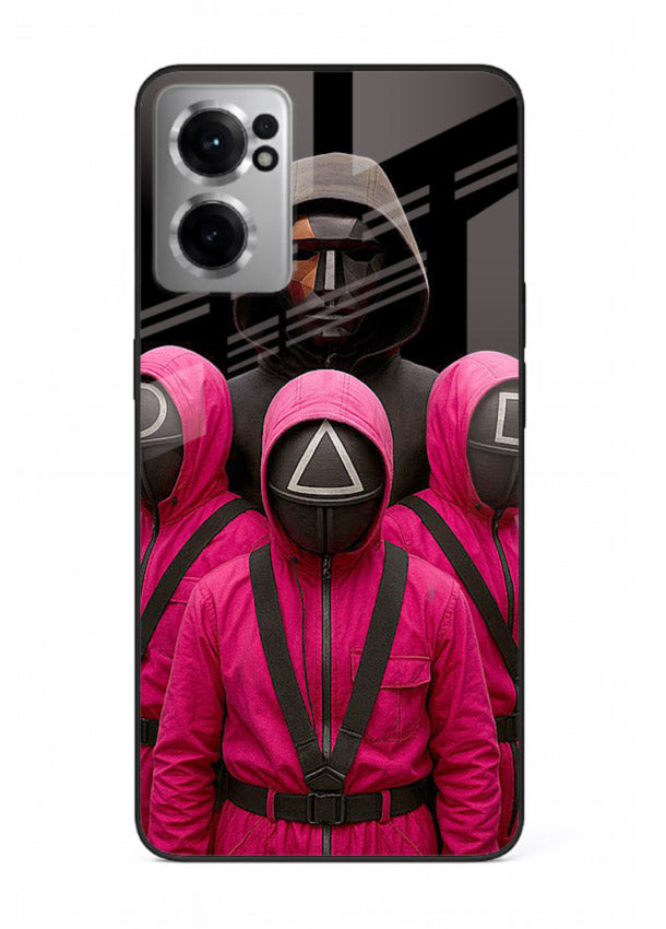Pink masked guard artwork printed on glossy tempered glass OnePlus Nord CE2 5G back cover