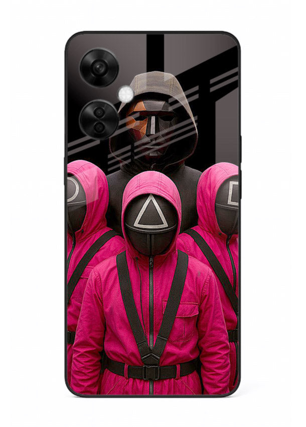 Pink masked guard artwork printed on glossy tempered glass OnePlus Nord CE3 Lite back cover