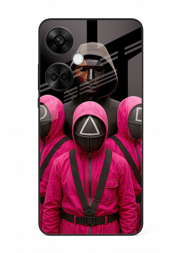 Pink masked guard artwork printed on glossy tempered glass OnePlus Nord CE3 back cover