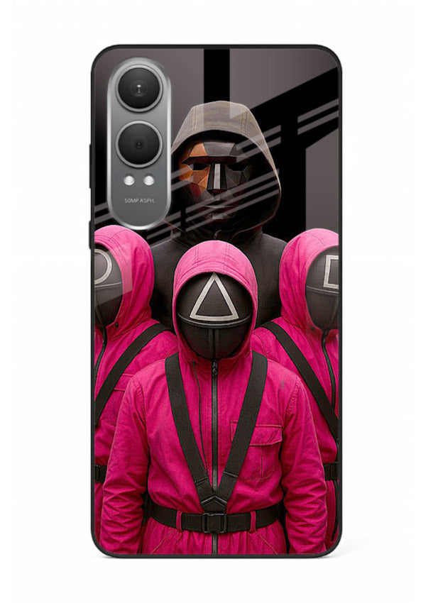 Pink masked guard artwork printed on glossy tempered glass OnePlus Nord CE4 Lite back cover