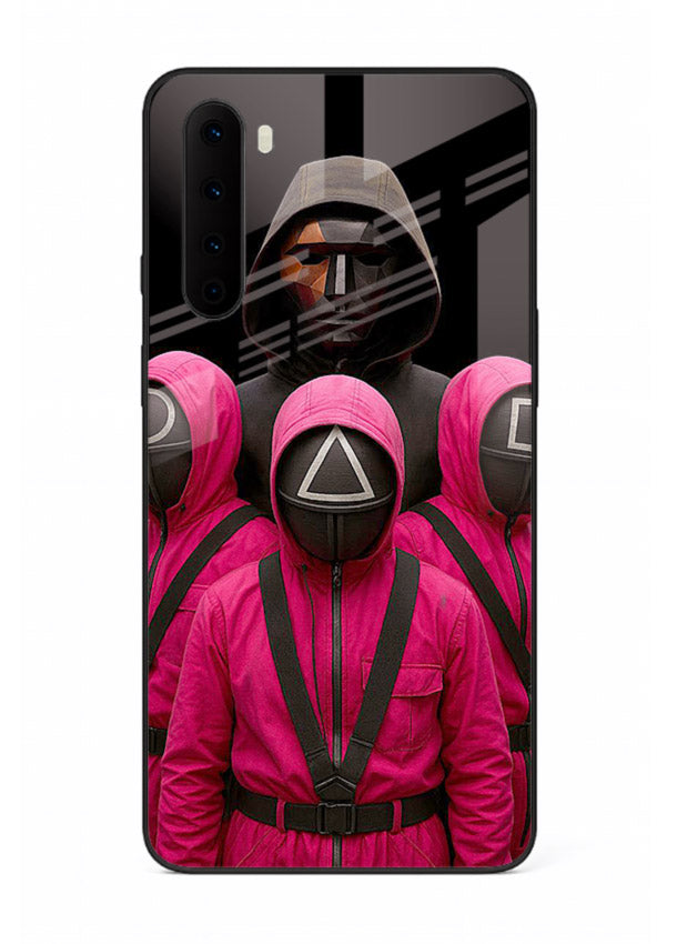 Pink masked guard artwork printed on glossy tempered glass OnePlus Nord back cover