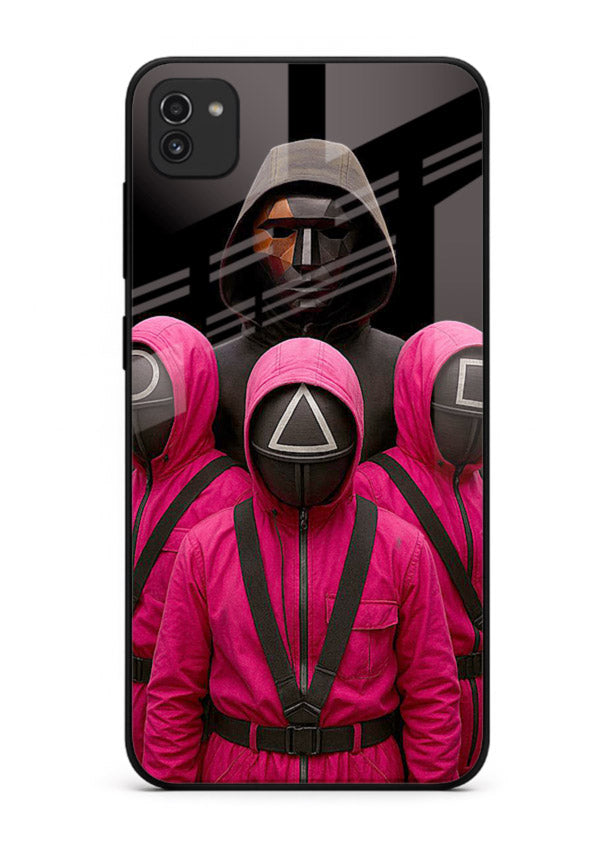 Pink masked guard artwork printed on glossy tempered glass Samsung A03 back cover