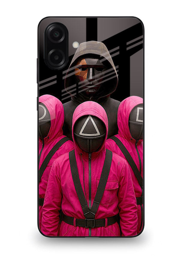 Pink masked guard artwork printed on glossy tempered glass Samsung M13 5G back cover